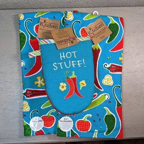 HOT STUFF Spicy Pepper Oven Glove and Kitchen Towels Set NWT - Picture 1 of 4